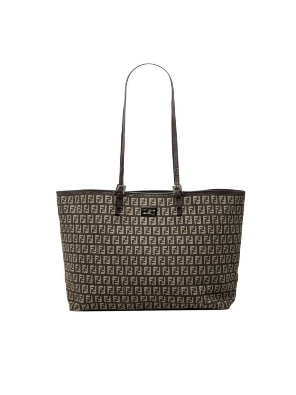 Fendi Zucchino Tote Shoulder Bag Brown Beige Canvas Leather